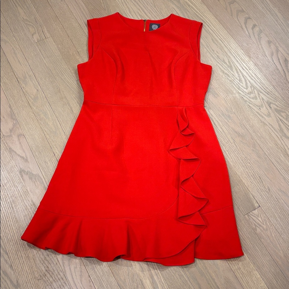 Vince Camuto Coral Red Crew Neck Ruffle Mini Dress With Back Zipper 12P